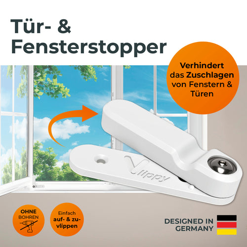 Vlippy vor einem Fenster - verhindert Zuschlagen beim lüften.