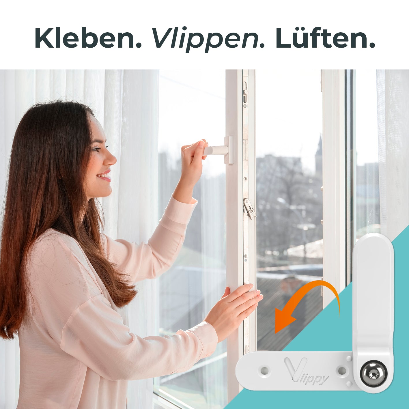 Frau öffnen Fenster, ein Vlippy ist zu sehen.